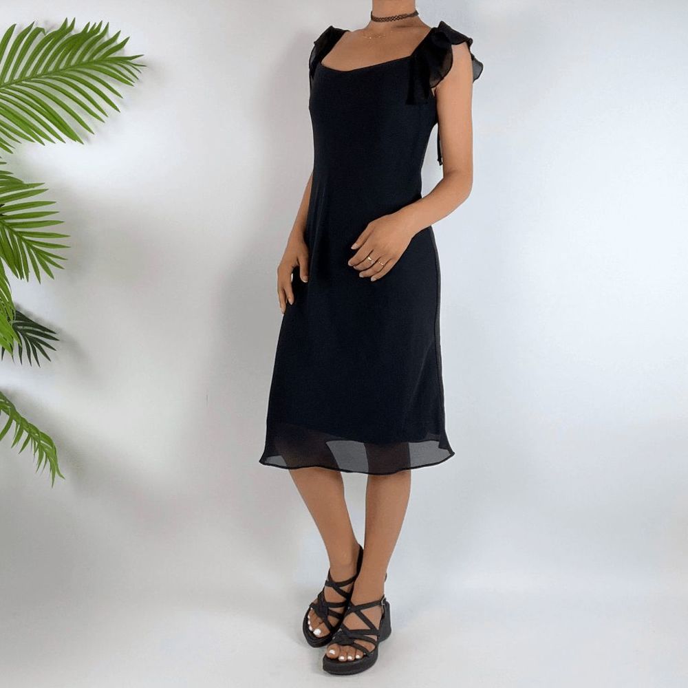 Vintage 90s Grunge Black Chiffon Coquette Fairy Hem Midi Dress / Size: 2 - Picture 4 of 5